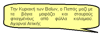 Επεξήγηση με στρογγυλεμένο παραλληλόγραμμο: Την Κυριακή των Βαΐων, ο Παπάς μαζί με τα βάγια μοιράζει και σταυρούς φτιαγμένους από φύλλα καλαμιού. Αχαρναί Αττικής