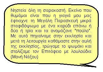 Επεξήγηση με στρογγυλεμένο παραλληλόγραμμο: Νηστεία όλη τη σαρακοστή. Εκείνο που θυμάμαι είναι που η γιαγιά μου μας έφτιαχνε τη Μεγάλη Παρασκευή μικρά σταφιδόψωμα με ένα καρύδι επάνω ή δύο ή τρία και τα ονομάζανε "πούλο". Με αυτό πηγαίναμε στην εκκλησία και μετά τη λειτουργία καθόμαστε στην αυλή της εκκλησίας, τρώγαμε το ψωμάκι και στολίζαμε τον Επιτάφειο με λουλούδια (Μονή Νάξου)