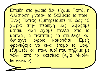 Επεξήγηση με στρογγυλεμένο παραλληλόγραμμο: Επειδή στο χωριό δεν είχαμε Παπά, η Ανάσταση γινόταν το Σάββατο το πρωί. Ένας Παπάς εξυπηρετούσε 10 έως 15 χωριά στην περιοχή μας. Σφάζαμε κατσίκι γιατί είχαμε πολλά από το κοπάδι, ο παππούς το σούβλιζε και έφτιαχνε ωραίο κοκορέτσι. Εμείς φροντίζαμε να είναι έτοιμο το ψωμί (ζυμωτό) και πολύ τυρί που πήζαμε με γάλα από τα κατσίκια (Αγία Μαρίνα Ιωαννίνων)