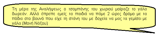 Επεξήγηση με στρογγυλεμένο παραλληλόγραμμο: Τη μέρα της Αναλήψεως ο τσομπάνης του χωριού μοίραζε το γάλα δωρεάν. Αλλά έπρεπε εμείς τα παιδιά να πάμε 2 ώρες δρόμο με τα πόδια στο βουνό που είχε τη στάνη του με δοχεία να μας τα γεμίσει με γάλα (Μονή Νάξου)